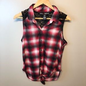 Polly and Esther Plaid + lace tank top, XL